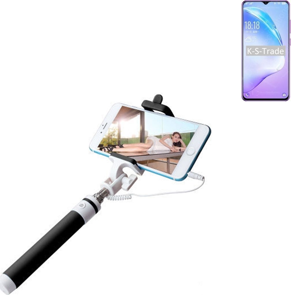K-S-Trade Selfie Stick kompatibel mit Coolpad Cool 12A Selfiestick kabelgebunden Monopod mit Kabel Stab Stange Selfportrait Handheldstick schwarz 1x