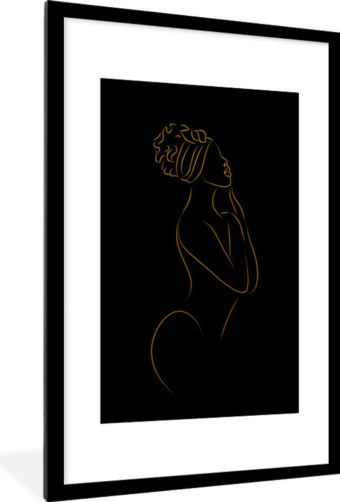 MuchoWow Gerahmtes Poster Frau - Gold - Schwarz - Strichzeichnung 60x90 cm - Poster mit Schwarzem Bilderrahmen Wandposter Rahmen Foto Bilder - De...