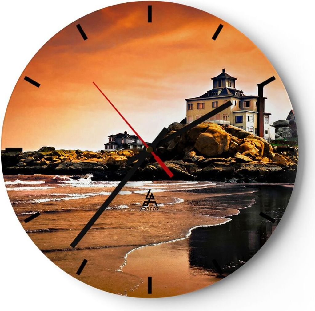 Wanduhr - Rund - Glasuhr - Felsen Meer Sonnenuntergang Architektur - 40x40cm - Schleichendes Uhrwerk - Lautlos - zum Aufhängen bereit - Dekoration...