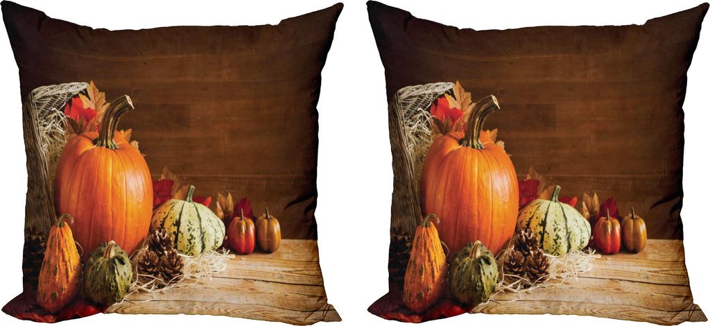 ABAKUHAUS Herbst-Kürbis Kissenbezug Set (2Stück), Rustikale Fall Stillleben Foto mit Früchten Tannenzapfen und Blättern im Korb, 45 x 45 cm, Me...