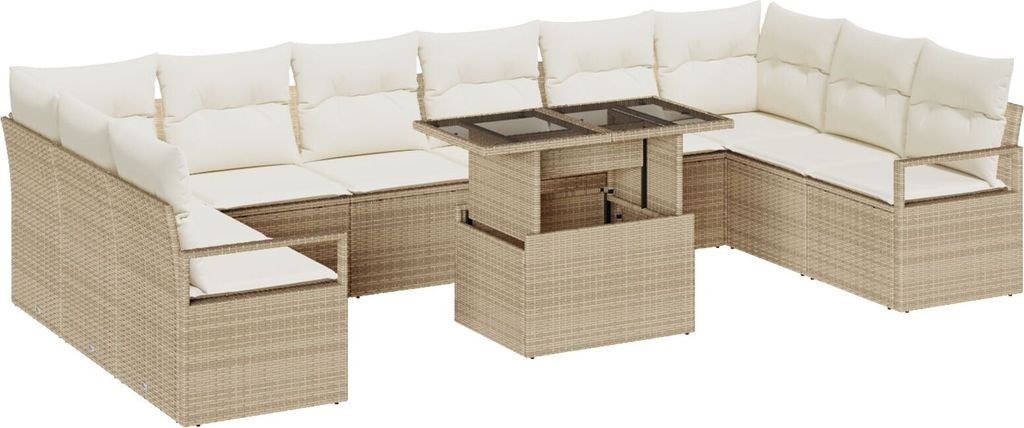 11-teiliges Garten-Sofa-Set mit Kissen Beige Poly-Rattan, 2-Sitzer Garten-Sofa mit Stauraum & Kissen Beige Poly-Rattan, Gartensofas DesignMöbel Neu