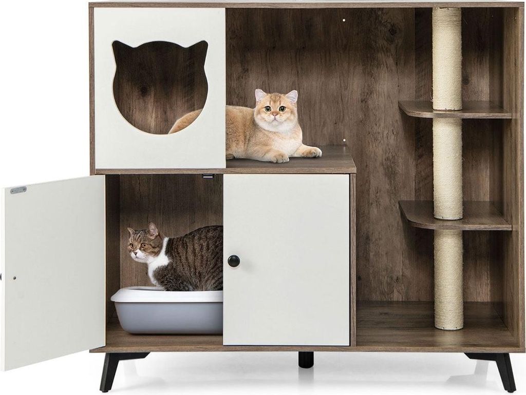 Katzenstreuschrank mit 3 Sisal-Kratzbäumen, Grau/Weiß