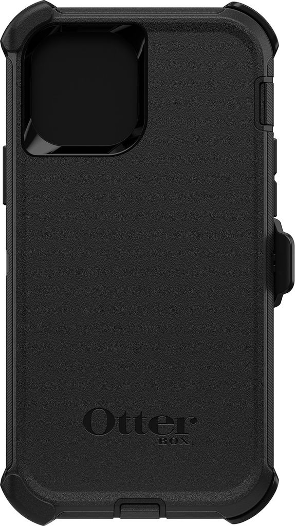 A black Otterbox Defender case for an iPhone is shown from the back.