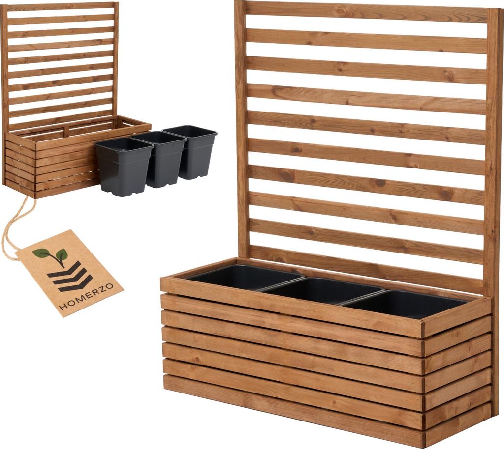 Pflanzkübel mit Rankgitter Spalier mit Pflanzkasten Blumenkasten aus Holz Hochbeet mit 3x 18L Pflanzeneinsatz (horizontal-braun, 98x36x35 H112)
