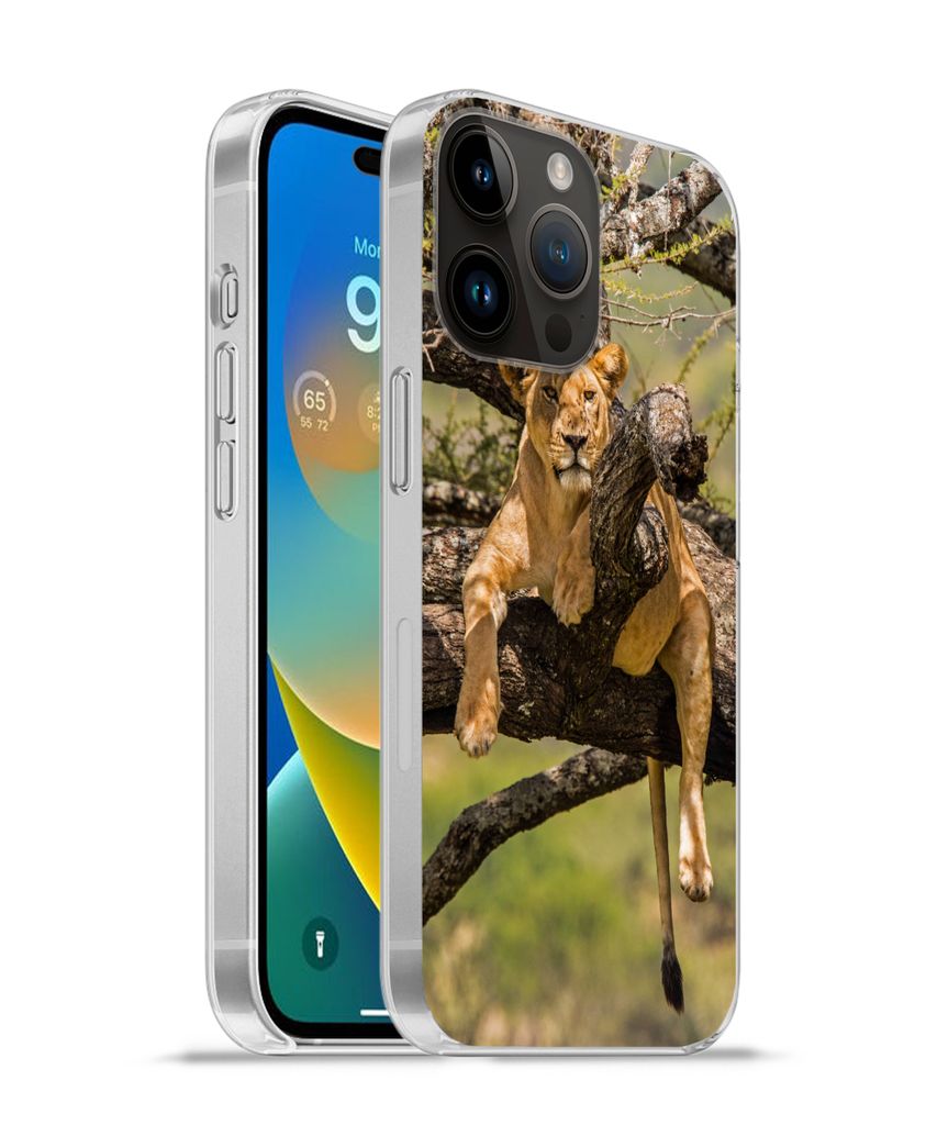 MuchoWow Handyhülle Schutzhülle Hülle für Apple iPhone 14 Pro Max Löwe - Baum - Braun Silikon Softcase Handy Hülle - Hardcover