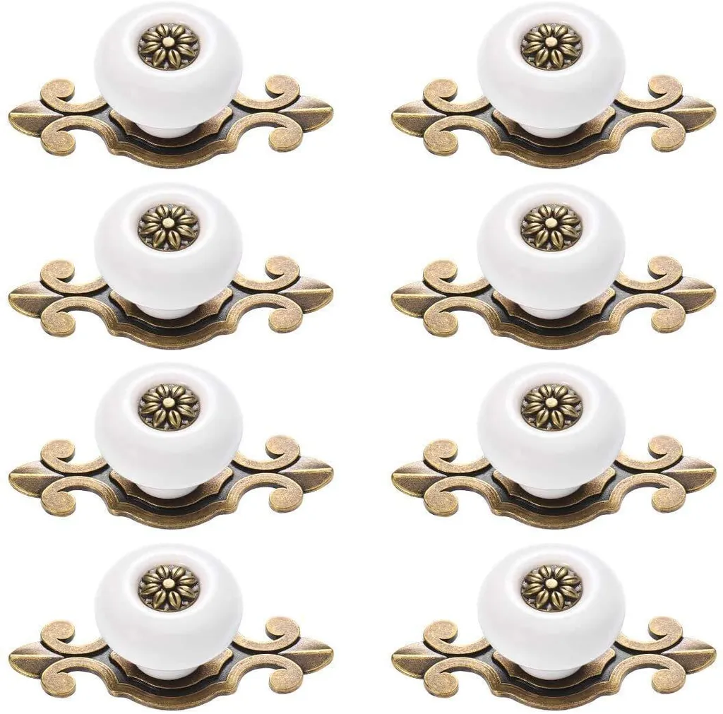 Lot de 8 boutons de porte en métal et céramique blanc et or antique