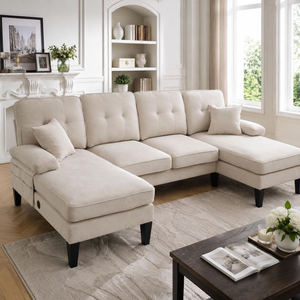 Wohnlandschaft Beige U Form Sofa Grosses 4 Sitzer Couch mit Produktbild 