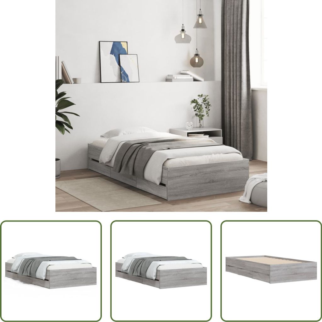 The Living Store Bettgestell mit Schubladen Grau Sonoma 100x200 cm Holzwerkstoff
