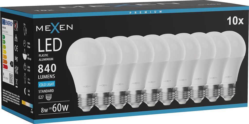 Mexen Nova 10x LED-Glühbirne E27, A60, 8W, Kalt - 6500K, Produktbild 