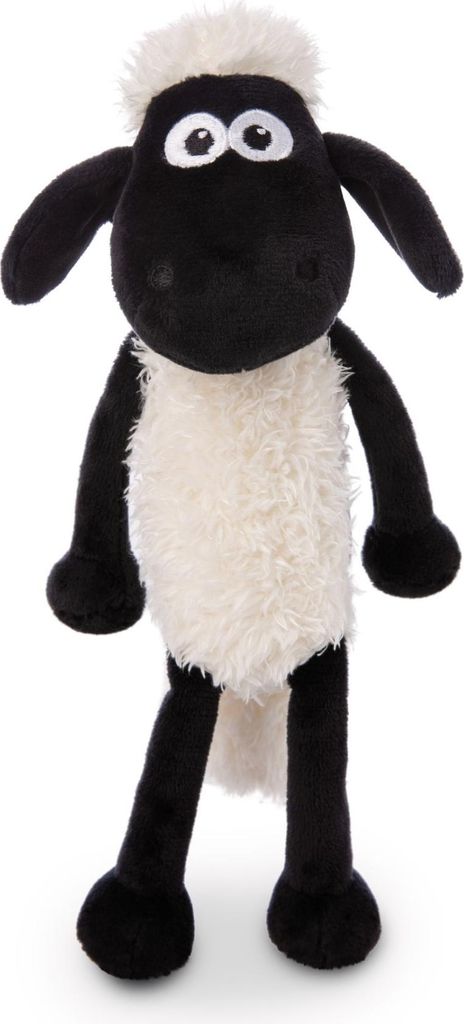 A stuffed toy sheep standing against a white background.