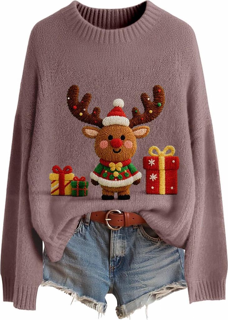 ASKSA Damen Weihnachtspullover,Strickpullover Rundhals Pulli Sweater Herbst Winter Warm Strickpulli Weihnachtspulli (C-Violett,M)