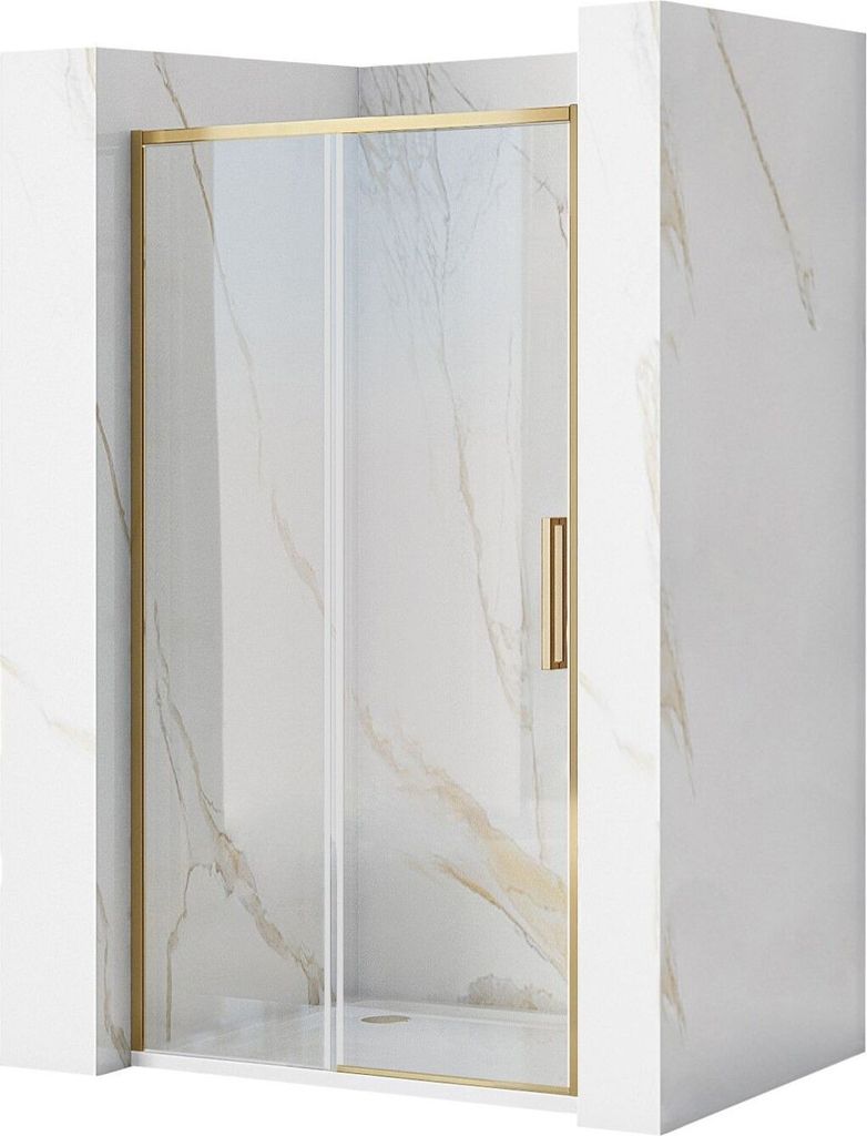 A shower door with a gold frame, set against a marble-patterned wall.