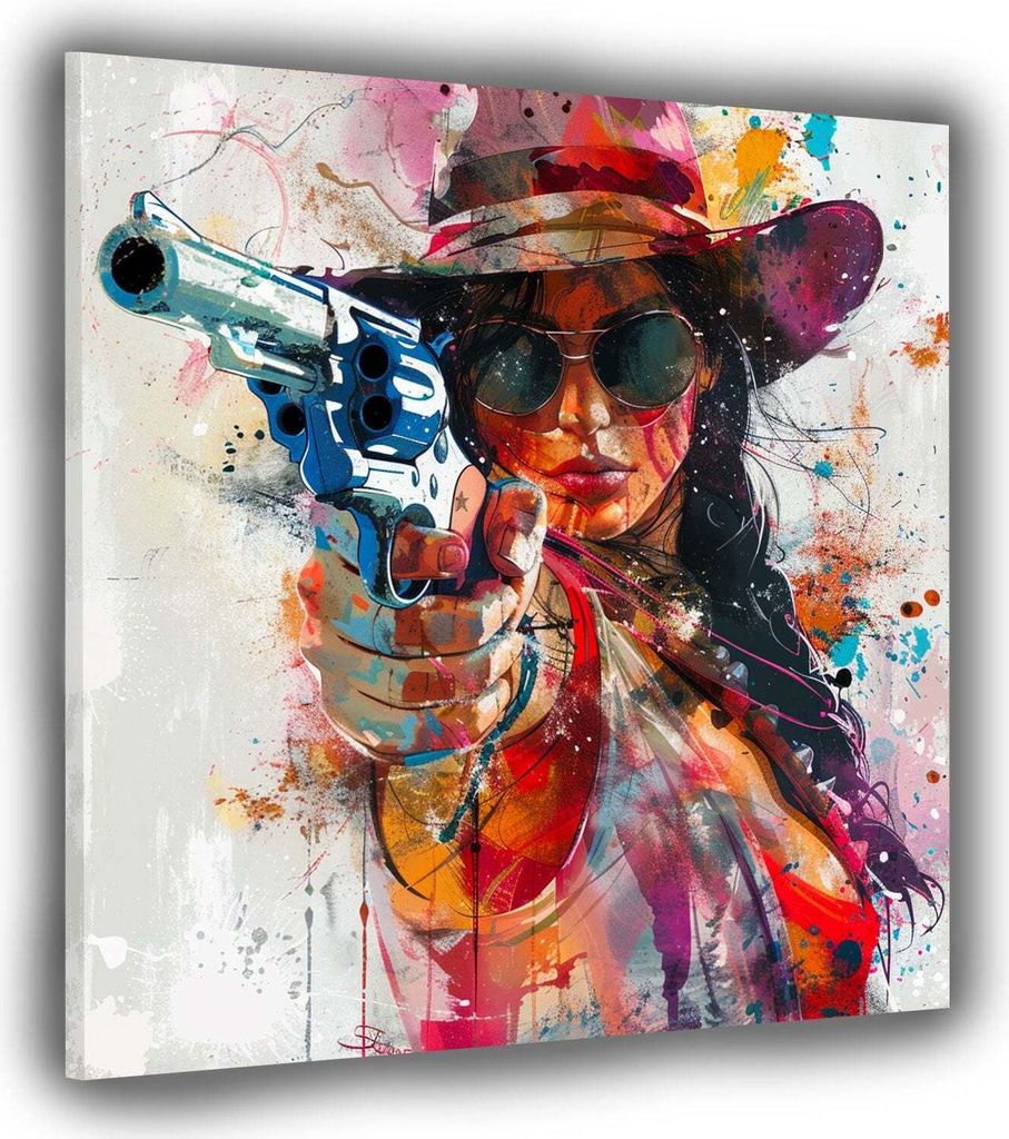Frau Pop Art Gun Leinwandbild Wandbild Kunstdruck XL Wanddeko: 80x80x2cm