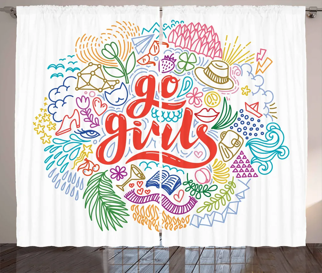 ABAKUHAUS Tenda rustica femminista, scritta Go Girl, tenda con passanti e ganci per camera da letto, 280 x 175 cm, multicolore