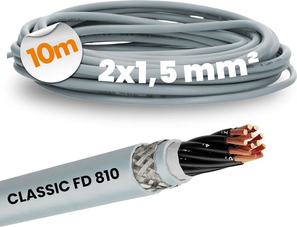10 Meter Lapp 0026249 ÖLFLEX CLASSIC FD 810 CY 2x1,5 mm² PVC Steuerleitung I Schleppketten geeignet I Steuerkabel 2 adrig grau I 3G1,5 Leitung