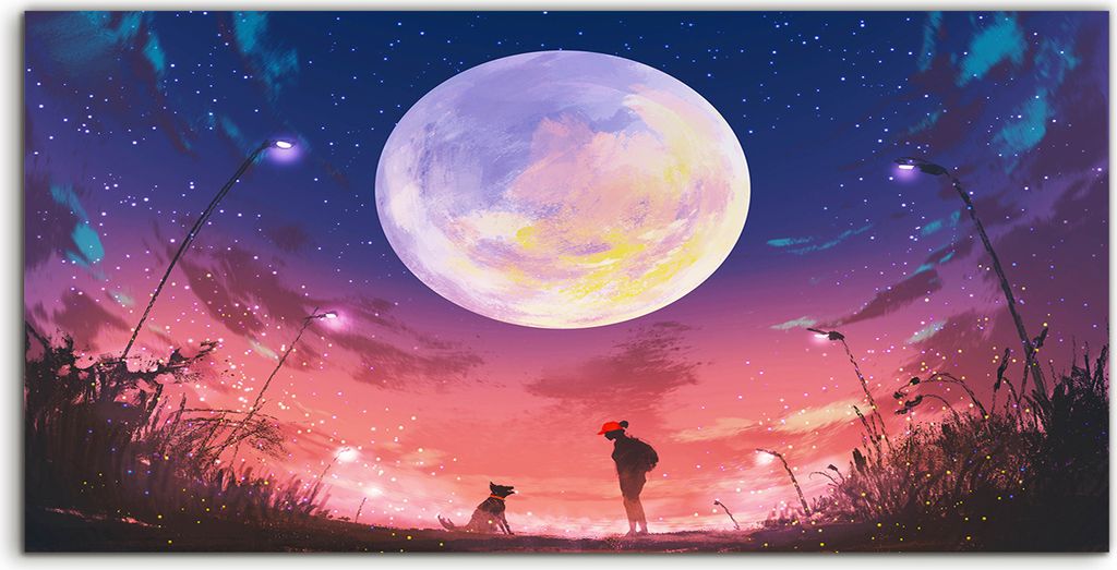 Coloray Glasbild 140x70 Wandbild Glasbilder Frau mit Hund Nacht riesiger Mond