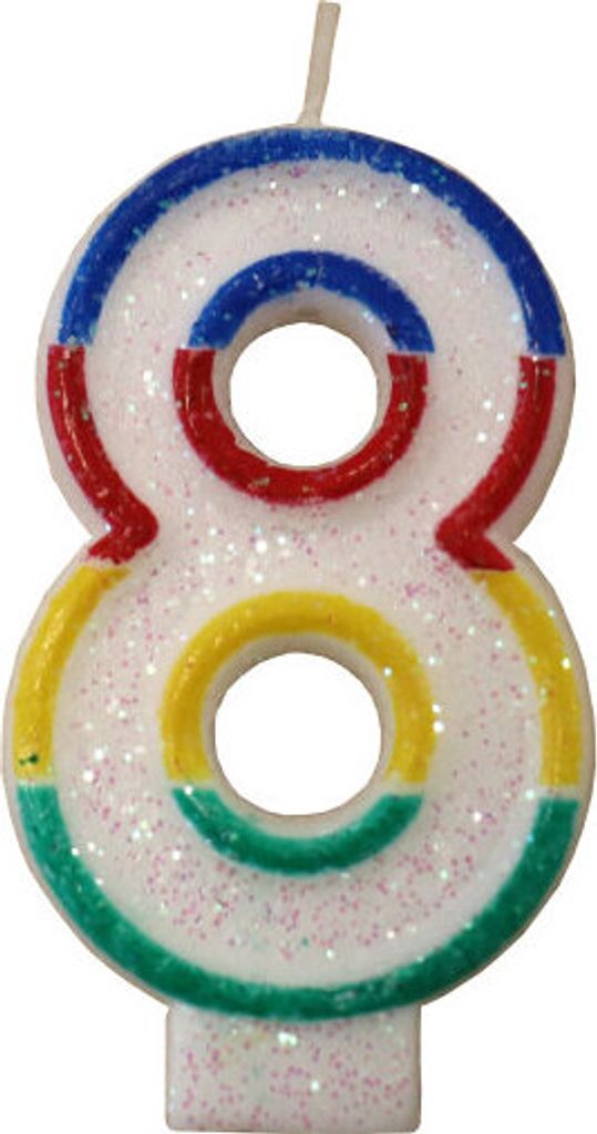 Tortenkerze, Zahlenkerze "8" Bunt glitzernd mit Halter für Geburtstagstorte, Jubiläum, Hochzeit
