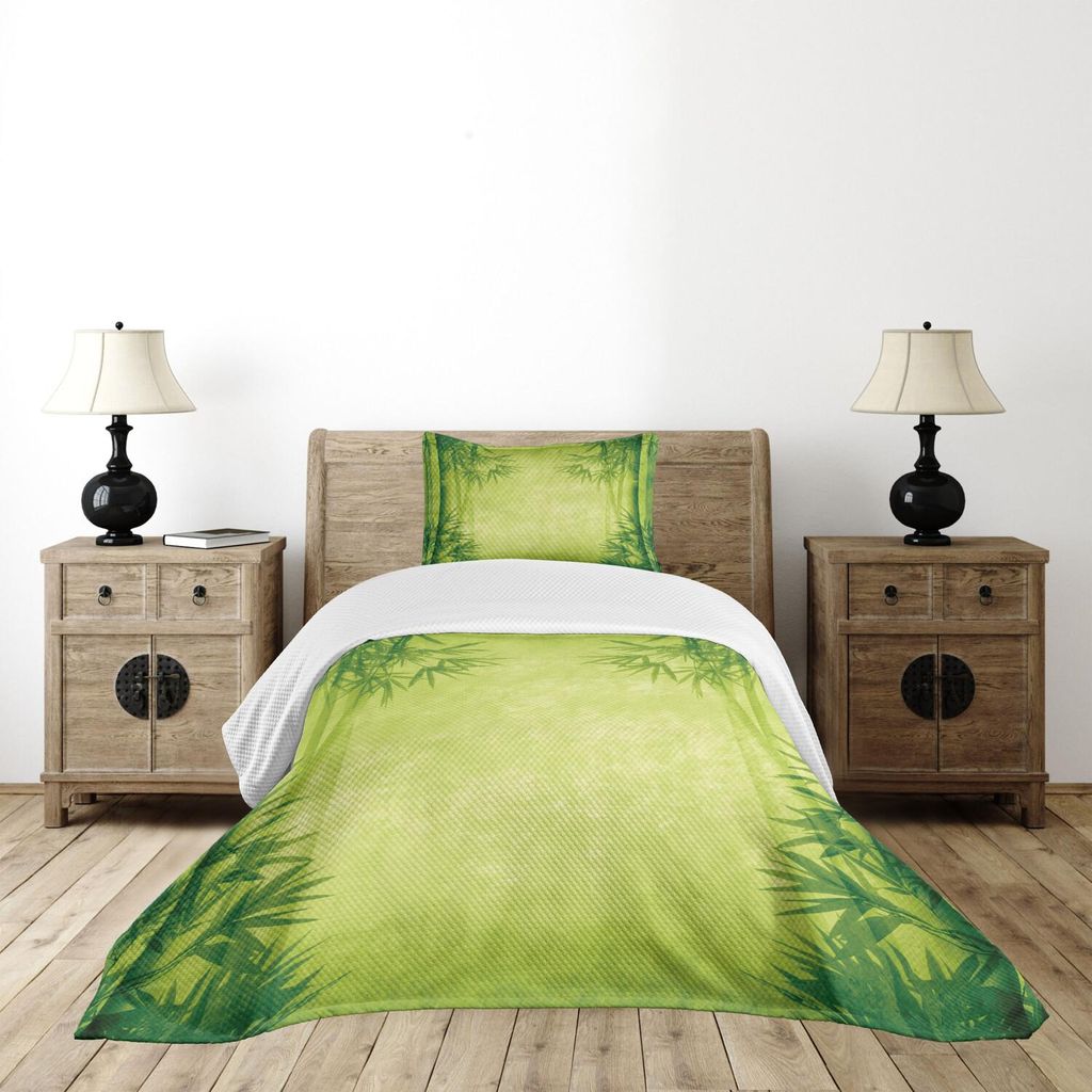ABAKUHAUS Bambus Tagesdecke Set, Banmboo Bäume Entwerfen Das Asiatische Fengshui Art Einfache Organisierte Leben Bild, 170 x 220 cm, Grün