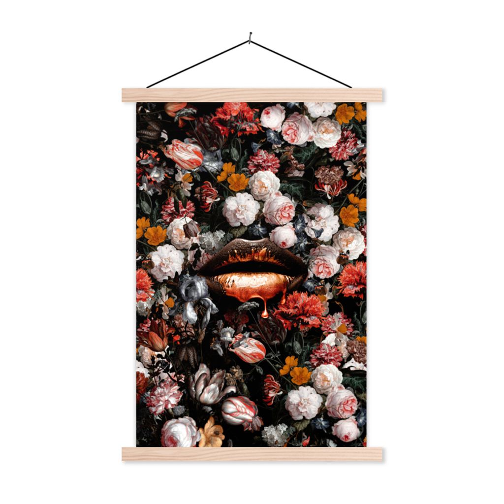 MuchoWow Textilposter Lippen - Blumen - Farbe - Orange - Kunst - Abstrakt - Alte Meister 60x90 cm mit holzfarbenen Rahmen - Textil