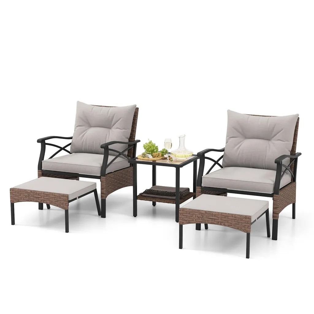 Salon de jardin en rotin COSTWAY 5 pièces avec table et 2 fauteuils
