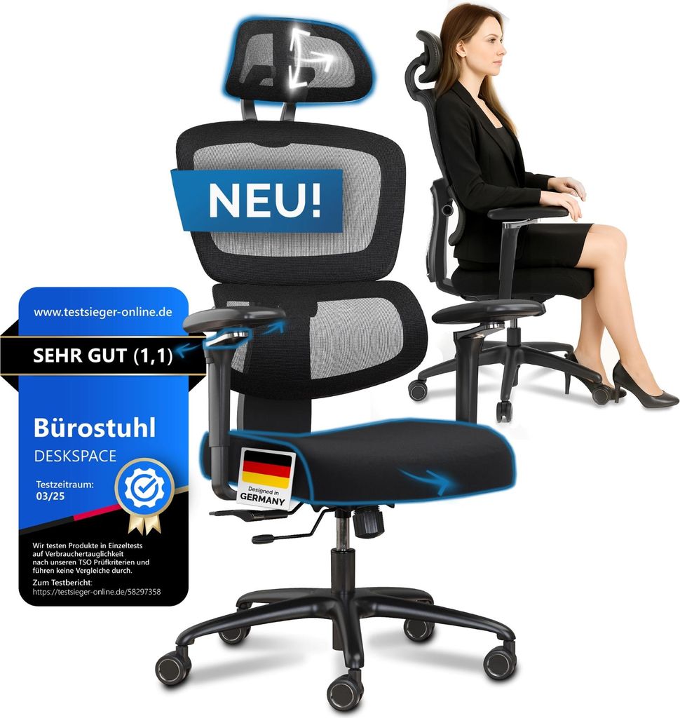 DESKSPACE Move Pro Ergonomischer Bürostuhl - Höhenverstellbarer Drehstuhl 3-stufiger Neigung Schreibtischstuhl, Bürodrehstuhl 150 kg Schwarz
