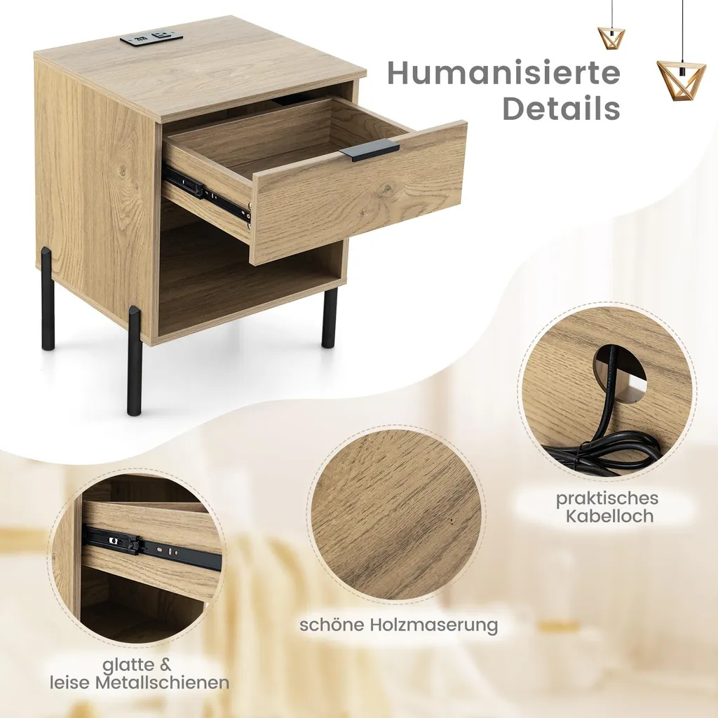 Table de chevet pour chambre moderne avec station de charge USB chêne