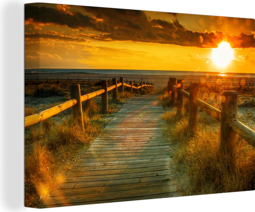 OneMillionCanvasses - Leinwandbilder - 140x90 cm, Sonne - Strand - Düne - Horizont - Gras - Weg - Orange, Wandbilder Kunstdruck Wanddekoration -...