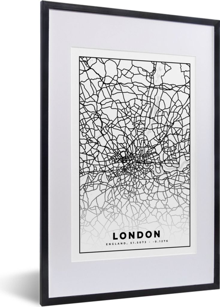 MuchoWow Gerahmtes Poster London - Schwarz und weiß - Stadtplan - Karte 40x60 cm - Poster mit Schwarzem Bilderrahmen Wandposter Rahmen Foto Bild...