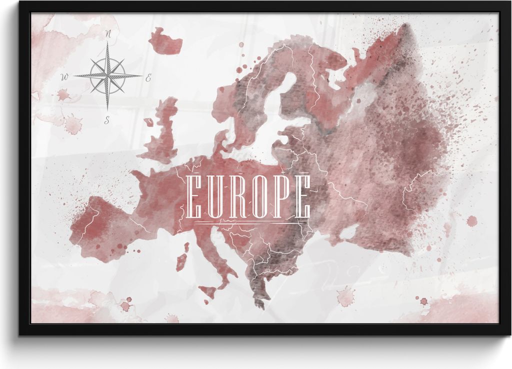 MuchoWow MuchoWow Gerahmtes Poster Karte - Europa - Aquarell - Kompass 90x60 cm - Poster mit zchwarzem Bilderrahmen - Fotorahmen - Foto-Plakat