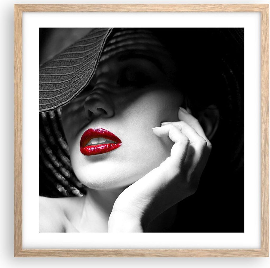 Gerahmtes Poster - Rahmen in heller Eiche - Frau Gesicht Lippen - 50x50 cm - Wand Bild - Wanddeko - Wandbilder - Wandposter - Bilderrahmen - Bilder...