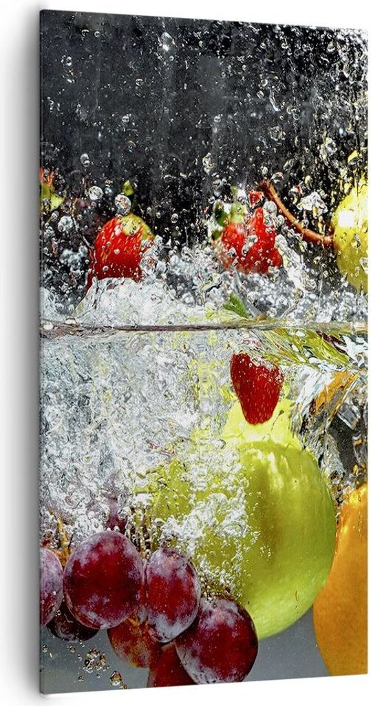 Bild auf Leinwand - Leinwandbild - Früchte Wasser Spritzer Essen - 65x120cm - Wand Bild - Wanddeko - Leinwanddruck - Bilder - Kunstdruck - Wanddek...