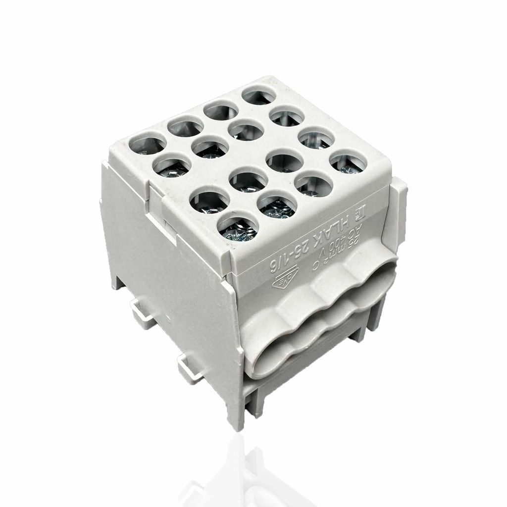 A close-up studio shot of a gray electrical connector block.