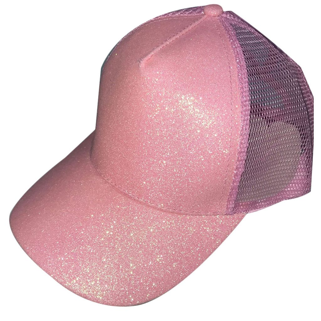 Mode Frauen Anti Sun Glitter Mesh Einstellbare Pferdeschwanz Hut Baumwolle Baseball Cap-Hellrosa