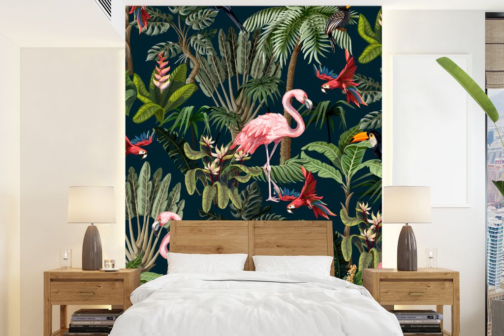 MuchoWow Fototapete für Wohnzimmer oder Schlafzimmer Wandtapete Vinyl Motivtapete Jungtiere - Muster - Kinder - Flamingo - Papagei - Kinder - 16...