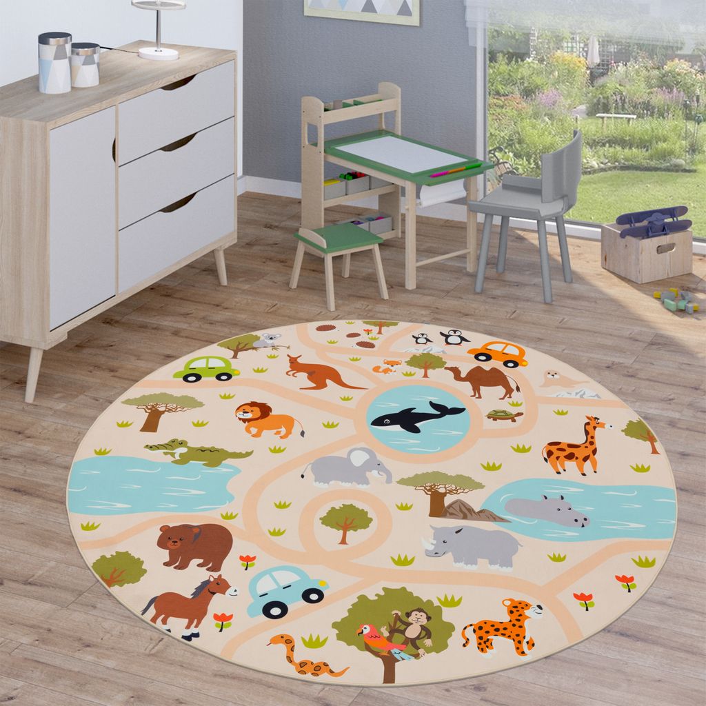 Kinderteppich Teppich Rund Kinderzimmer Spielteppich Straßenteppich Modern Grösse 160 cm Rund