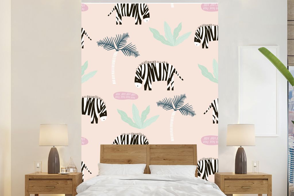 MuchoWow Fototapete für Wohnzimmer oder Schlafzimmer Wandtapete Vinyl Motivtapete Zebra - Pflanzen - Rosa - 155x240 cm - Tapete