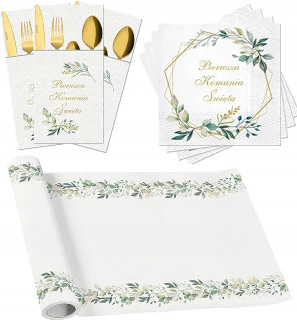 Accessoires de table communion style Bohème et Eucalyptus - Set complet