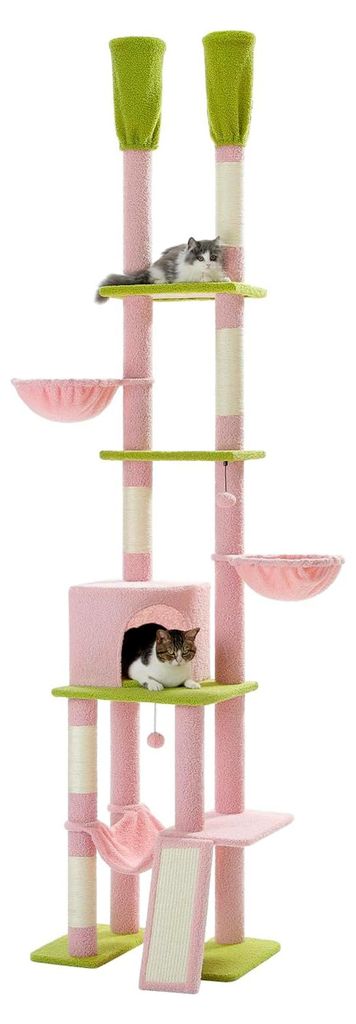 Deckenhoher Kratzbaum für Katzen mit großem Condo, einstellbare Höhe 216cm-285cm, 5-stufiges Katzensaktivitätszentrum mit gemütlicher Hängema...