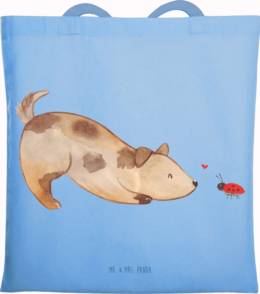Mr. & Mrs. Panda Einkaufstüte Hund Marienkäfer - Sky Blue - Geschenk, Neugierig, Mischlinghund, Tote Bag, Mischlingshund, Tasche, Stoffbeutel, La...