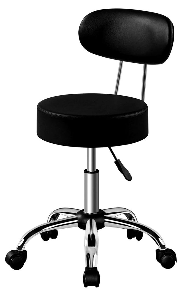 Rollhocker mit Rückenlehne, höhenverstellbar von 75,5 bis 85 cm, Drehhocker mit Rollen, abnehmbare Rückenlehne, 10 cm dicke Polsterung, Schwarz