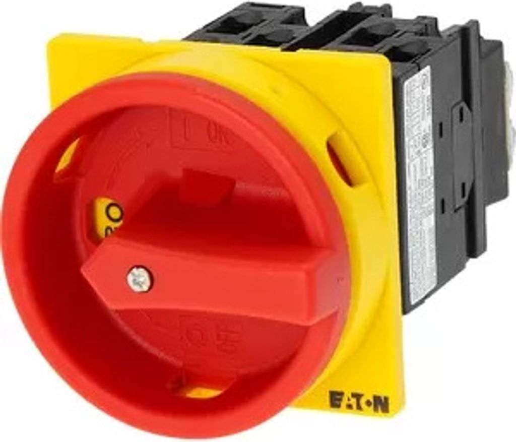 Eaton Hauptschalter, T0, 20 A, Einbau, 3 Baueinheit(en), 3-polig, 2 Schließer, 1 Öffner, NOT-AUS-Funktion, mit rotem Drehgriff und gelbem Sperrkr...