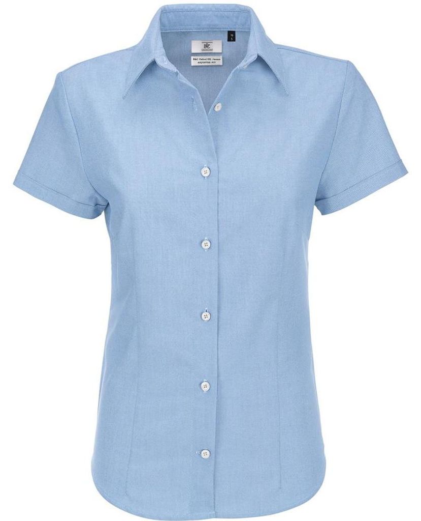 B&C Damen Oxford Bluse, kurzarm FK123 (2XL) (Blau)