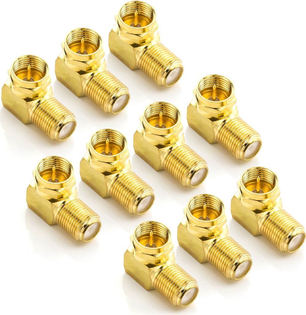 deleyCON Sat-Winkel-Adapter Set 90° Grad für Koaxialkabel F-Winkelstecker Winkeladapter F-Adapter F-Buchse 7mm Sat-Kabel Kupplung Vergoldet - 10 ...