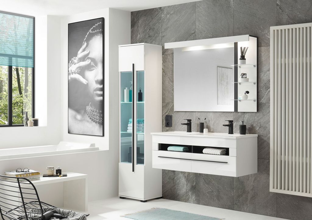 Badezimmer Set 3-teilig CHARLESTON-61 mit Doppelwaschbecken und Beleuchtung in Hochglanz weiß, B/H/T: ca. 175/200/45 cm