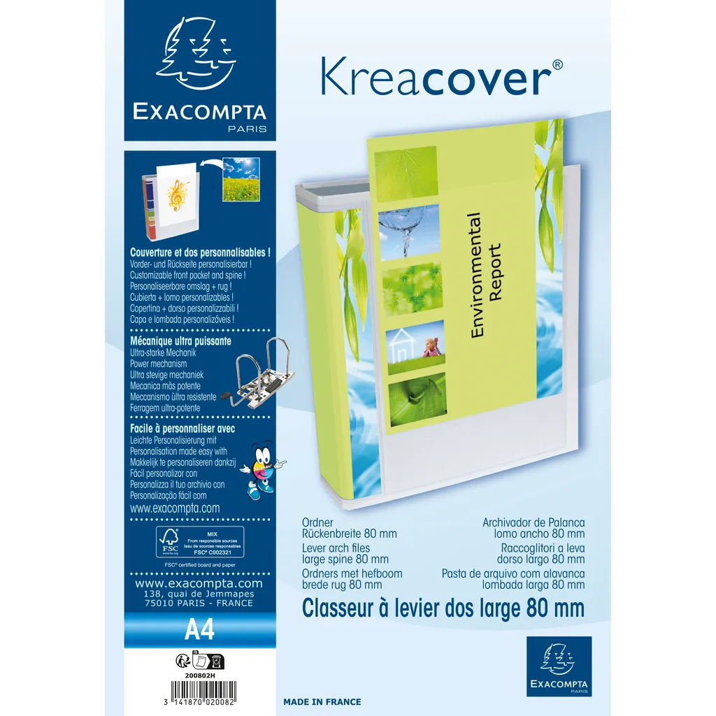 Classeur à Levier Personnalisable A4 Dos 80mm Kreacover Blanc x10