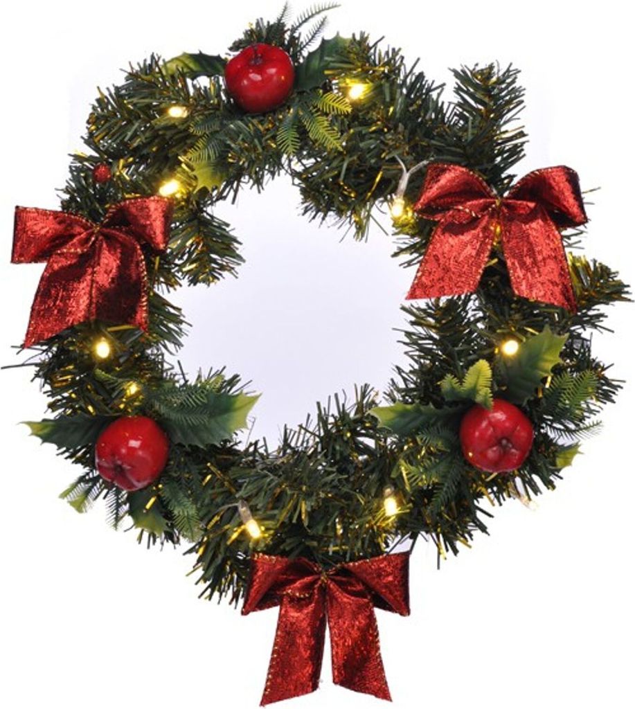 A Christmas wreath decorated with red bows, red apples, and LED lights.