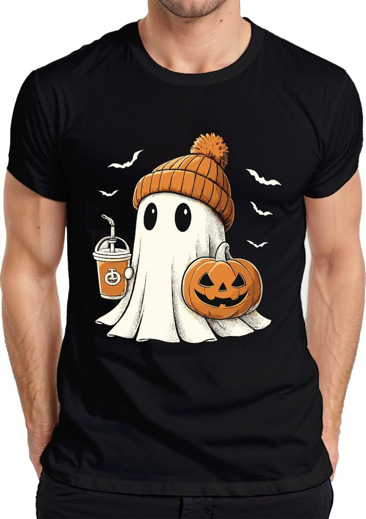 Geist Kürbis Halloween niedlich Beanie Kaffee Herbst süß gruselig Herren T-Shirt, Schwarz, L