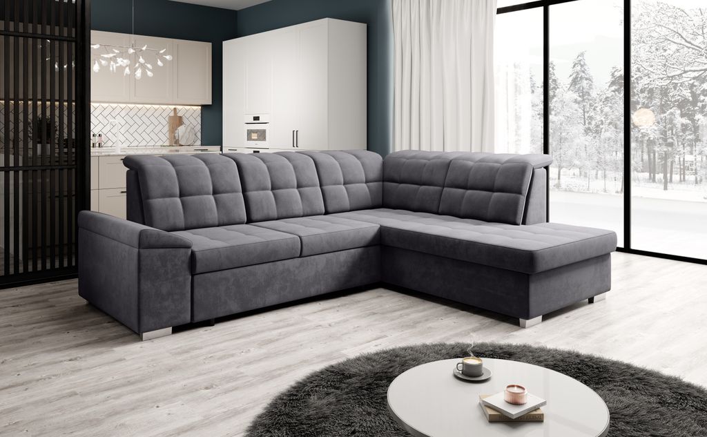 Ecksofa L-form OLIVIA L Farbe Dunkelgrau Aston 17 mit Schlaffunktion verstellbare Kopfstützen Bettkasten Wohnlandschaft Ecksofa
