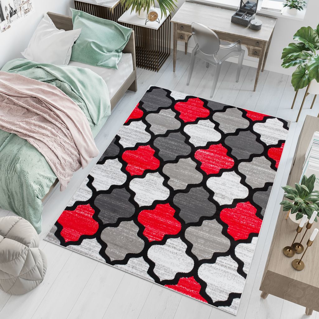 Teppich Kinderzimmer Wohnzimmer Schlafzimmer Kurzflor Modern Design Rot Grau Creme Schwarz Marokkanisch Meliert 140 x 200 cm