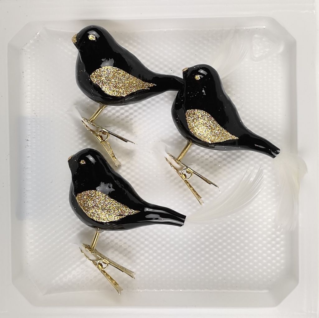 3 tlg. Glas Vogel Set in Hochglanz-Schwarz-Gold